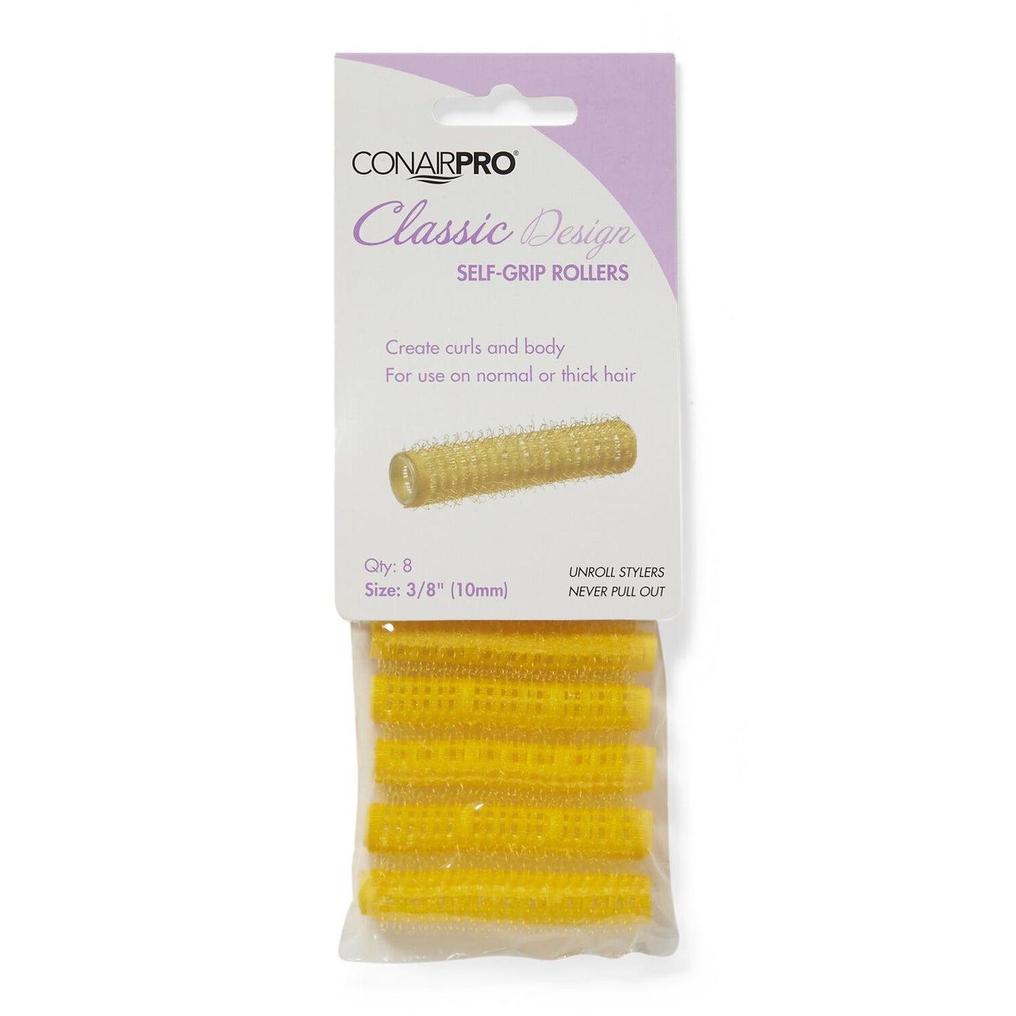 Conair Professional Yellow 3/8 Inch Classic Style Self Grip Rollers 8 Pack